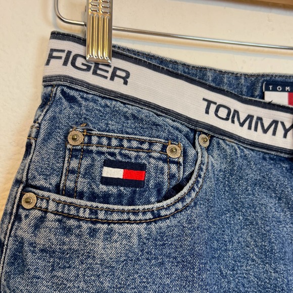 Vintage 90s Tommy Hilfiger Logo Waistband Denim Mini Skirt 8 - Picture 3 of 7